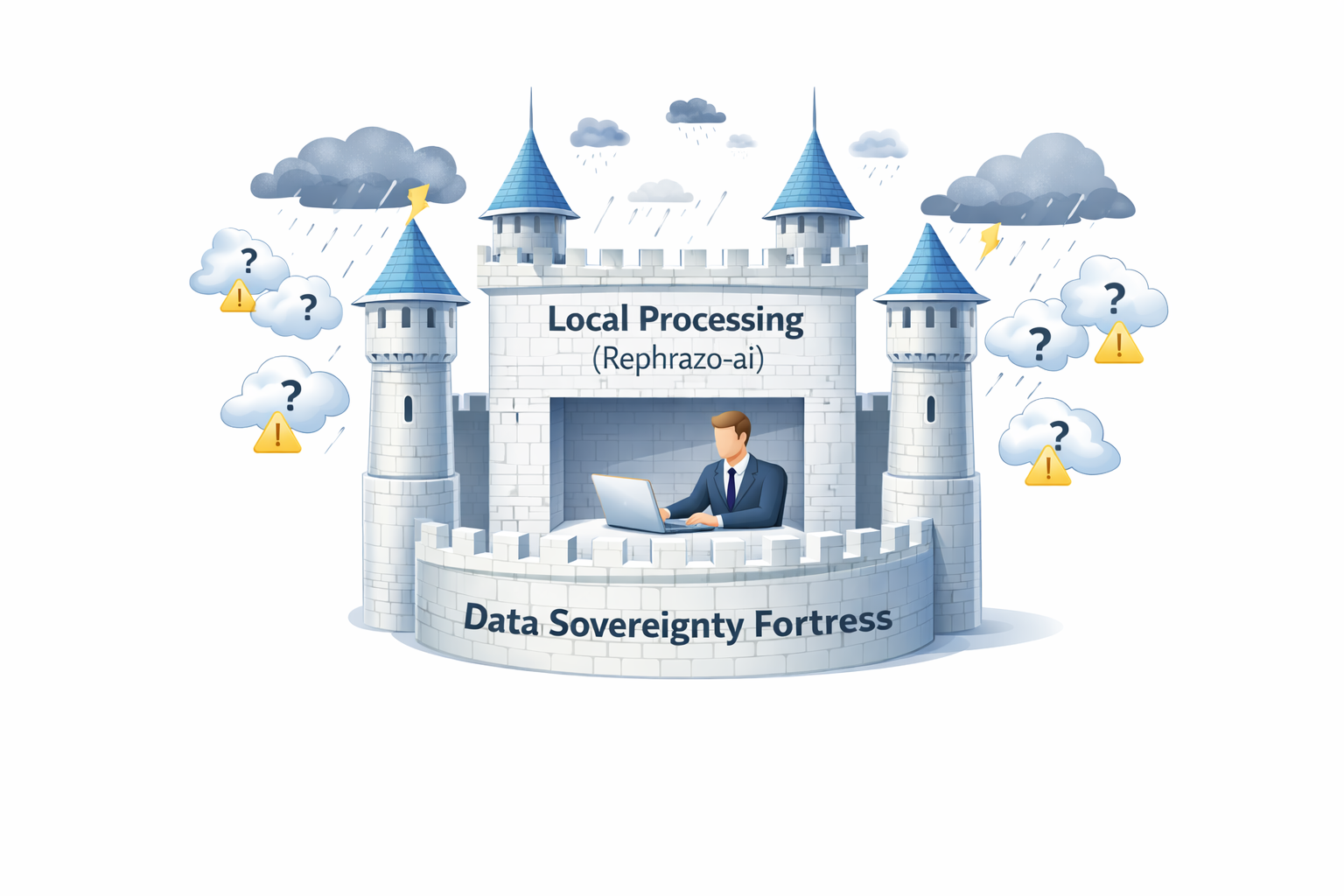 Data Sovereignty Fortress: Secure digital fortress with Local Processing Rephrazo protecting sensitive content from cloud threats